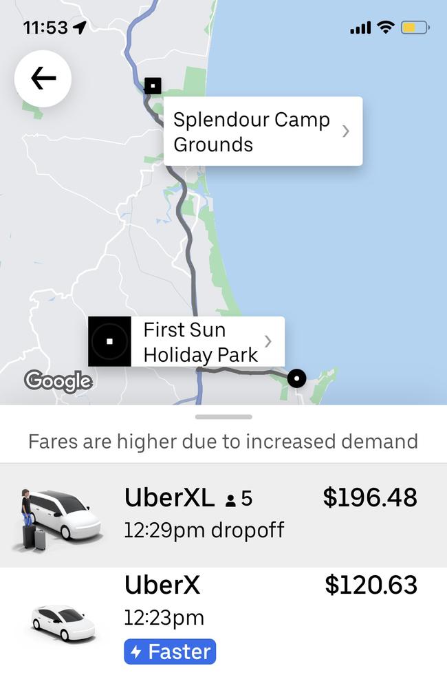 The cost for an Uber drop off to day two of Splendour in the Grass has skyrocketed, with screenshots taken on Saturday morning showing surge pricing in play