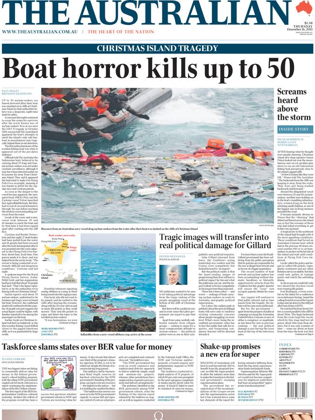 The front page of The Australian on Thursday, December 16, 2010.