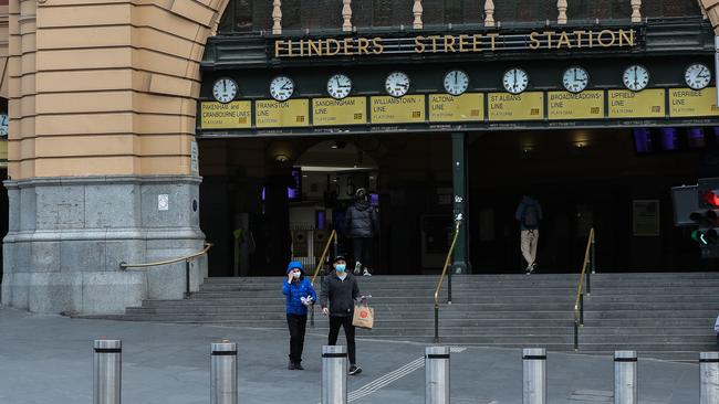 An almost deserted Flinders Street Station is seen on Saturday as the Melbourne lockdown continued. Picture: Getty Images