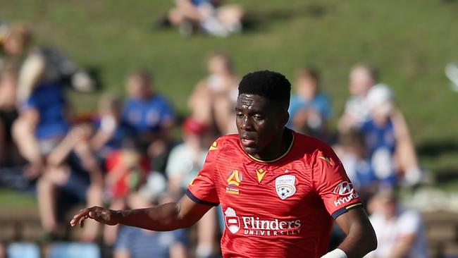 Adelaide United’s Al Hassan Toure controls the ball during the Reds 2-1 win over Newcastle Jets at McDonald Jones Stadium on Saturday. (Photo by Ashley Feder/Getty Images)