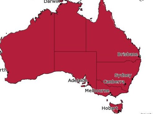 Map of Australia showing the chance of exceeding the median maximum temperature for Oct-Dec 2023. Picture: Bureau of Meteorology