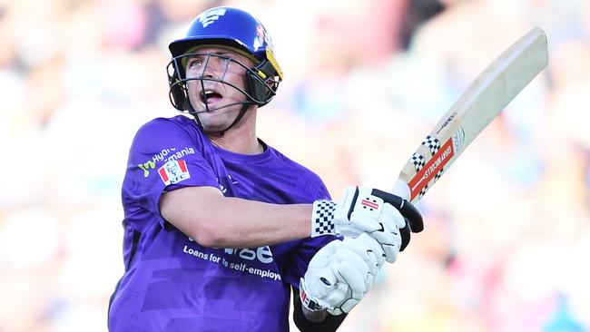 ADELAIDE, AUSTRALIA - JANUARY 05:  Ben McDermott of the Hurricanes hits six during the Men's Big Bash League match between the Adelaide Strikers and the Hobart Hurricanes at Adelaide Oval, on January 05, 2023, in Adelaide, Australia. (Photo by Mark Brake/Getty Images)