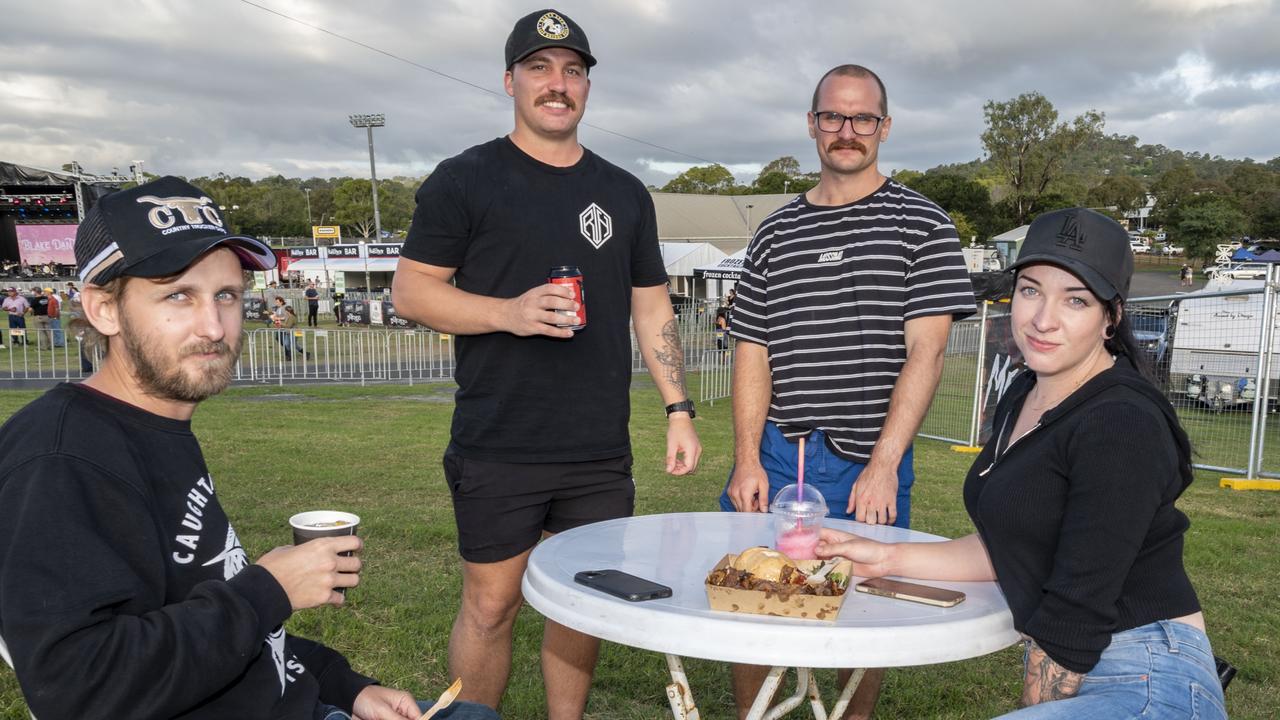 (from left) Tom Dwan, Josh Monaghan, Brad Phillips and Sarah Mould at Meatstock, Toowoomba Showgrounds. Friday, April 8, 2022. Picture: Nev Madsen.