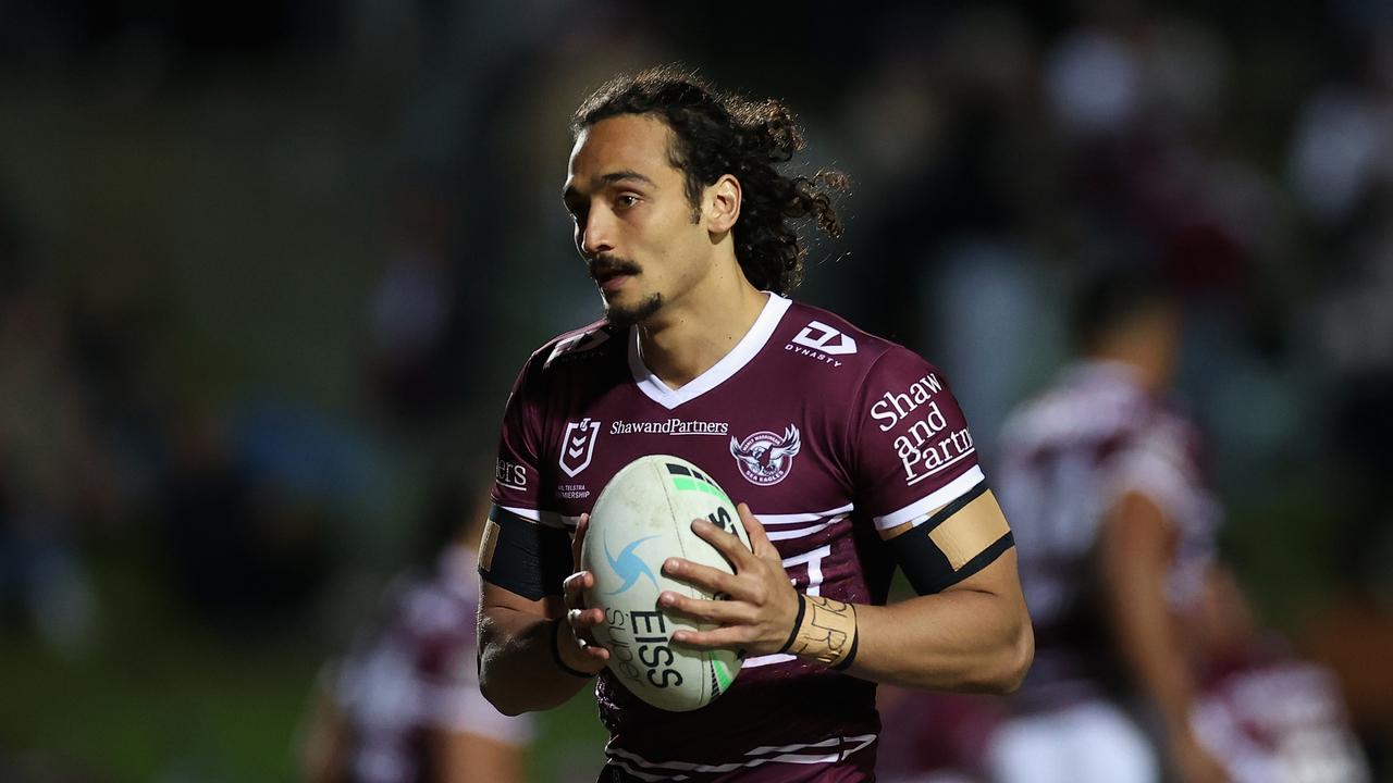 SYDNEY, AUSTRALIA - JUNE 17: Morgan Harper of the Sea Eagles warms up during the round 15 NRL match between the Manly Sea Eagles and the North Queensland Cowboys at 4 Pines Park, on June 17, 2022, in Sydney, Australia. (Photo by Cameron Spencer/Getty Images)