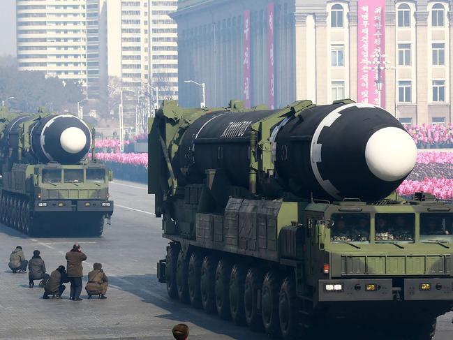 Hwasong-15 ballistic missiles during the military parade to mark the 70th anniversary of the Korean People’s Army at Kim Il Sung Square in Pyongyang. Picture: AFP Photo / KCNA via KNS