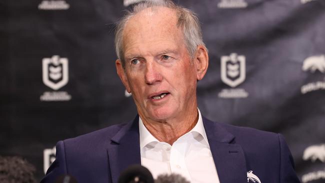 Wayne Bennett addresses the media after being unveiled as coach of the Dolphins. Picture: Liam Kidston