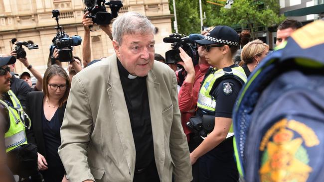 George Pell arrives at the Melbourne Magistrate Court on Monday. Picture: Tony Gough.