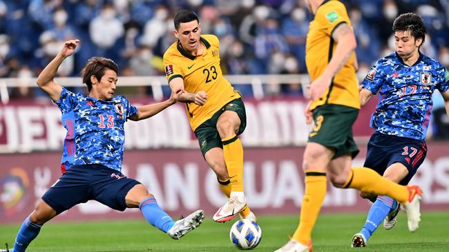 Tom Rogic did his best to unlock a steely Japanese backline. Picture: CHARLY TRIBALLEAU/AFP)