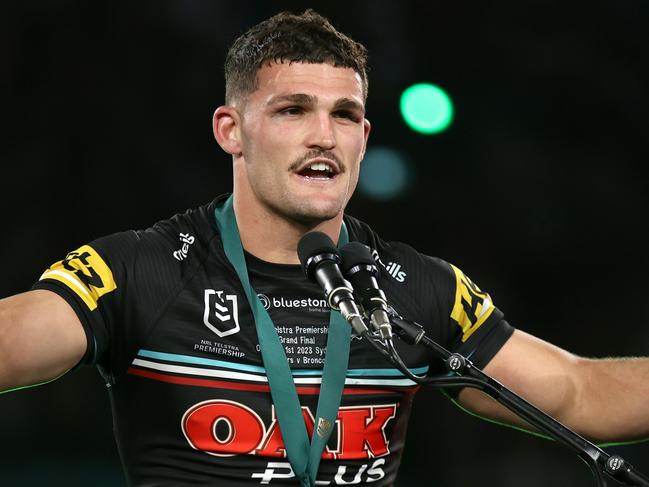 SYDNEY, AUSTRALIA - OCTOBER 01:  Nathan Cleary of the Panthers receives the Clive Churchill Medal after winning the 2023 NRL Grand Final match between Penrith Panthers and Brisbane Broncos at Accor Stadium on October 01, 2023 in Sydney, Australia. (Photo by Matt King/Getty Images)