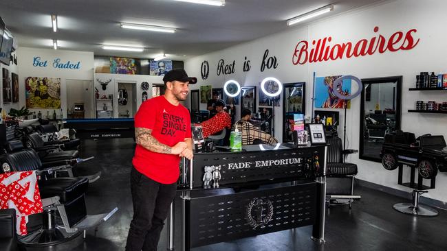 Fade Emporium barber shop owner Brandon Doyle, who is so far exempt from the forced closures. Picture: Asanka Ratnayake/Getty Images