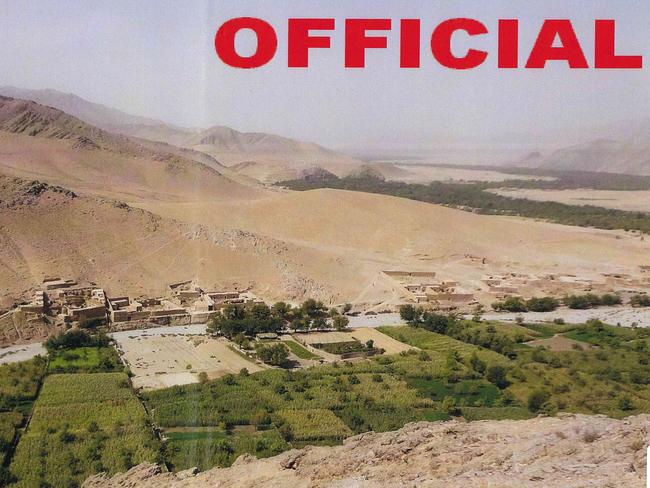 High resolution photos of the Afghan village of Darwan, which was raided in 2012 by the SAS. Mr Roberts-Smith denies kicking unarmed farmer Ali Jan down a cliff face in the village, as alleged by Nine newspapers., Mr Roberts-Smith marked up the photograph during his evidence with black marker to show points and paths navigated by his troupe. PIcture: Australian Federal Police