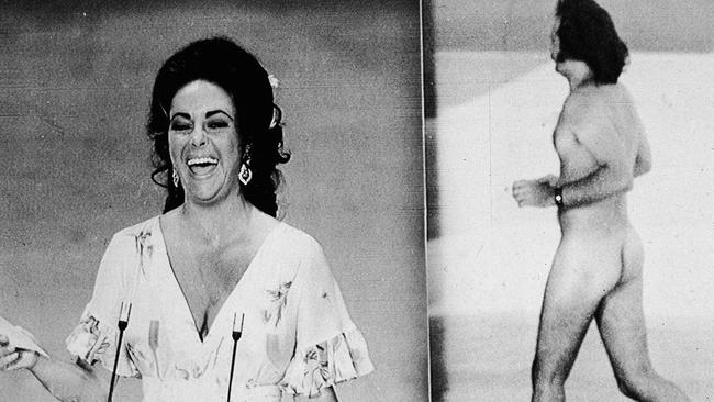 Elizabeth Taylor laughs as she remarks that she was upstaged by streaker Robert Opel.