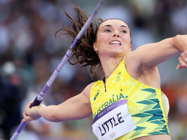 PARIS, FRANCE - AUGUST 10: Mackenzie Little of Team Australia competes in the Women's Javelin Throw Final on day fifteen of the Olympic Games Paris 2024 at Stade de France on August 10, 2024 in Paris, France. (Photo by Patrick Smith/Getty Images)