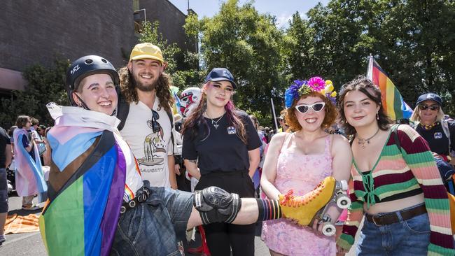 Alina Krasnicki. Tom Heather. Anna Mitsakis. Grace Matthews and Kayla Chambers at TAS Pride Parade. Picture: Caroline Tan