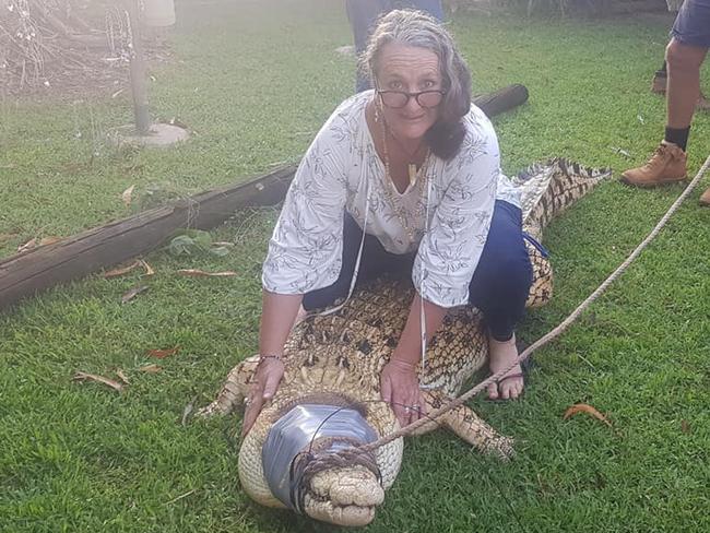 Nicola Collins sold Fat Boy the albino croc to the new owners of Kakadu's Bark Hut in 2019, who re-sold the reptile to Outback Wrangler star Matt Wright. Picture: Facebook / Nicola Collins