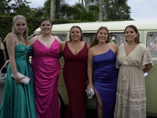 Helena Bishop, Eloise Erezuma, Ella Matlock, Alana Worth and Tia Iskov at the Kingscliff 2021 formal at Fins Plantation House on December 8. Picture: Ashi Hilmer