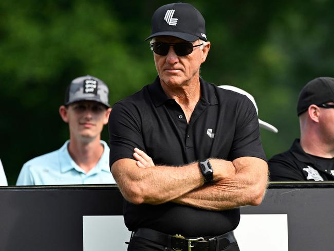 WHITE SULPHUR SPRINGS, WEST VIRGINIA – AUGUST 06: Greg Norman, CEO and Commissioner at LIV Golf Investments stands in the third tee box during day three of the LIV Golf Invitational – Greenbrier at The Old White Course on August 06, 2023 in White Sulphur Springs, West Virginia. Eakin Howard/Getty Images/AFP (Photo by Eakin Howard / GETTY IMAGES NORTH AMERICA / Getty Images via AFP)