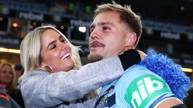 Blues player Jack de Belin and Alyce Taylor celebrates a Blues victory after game two of the 2018 State of Origin series. Picture: Mark Kolbe/Getty Images