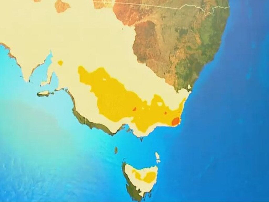Severe (dark yellow) and extreme (orange) heatwaves are predicted in parts of Vic, Tas and NSW. Picture: Sky News Weather.