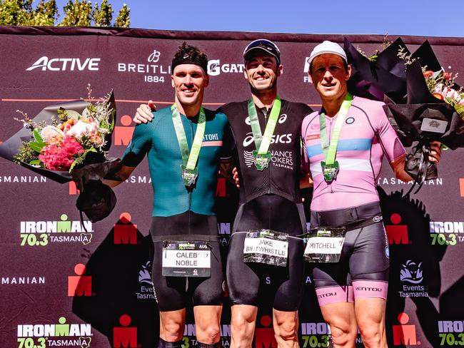 Ironman 70.3 Tasmania menÃ•s podium. L-R 3rd Place, Caleb Noble, Winner Jake Birtwhistle and Mitch Kirby, 2nd place. Picture: Linda Higginson