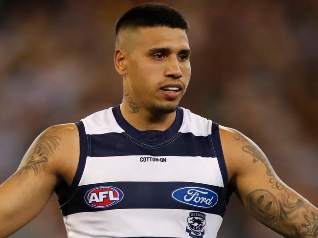 MELBOURNE, AUSTRALIA - SEPTEMBER 20: Tim Kelly of the Cats celebrates a goal during the 2019 AFL Second Preliminary Final match between the Richmond Tigers and the Geelong Cats at the Melbourne Cricket Ground on September 20, 2019 in Melbourne, Australia. (Photo by Michael Willson/AFL Photos via Getty Images)