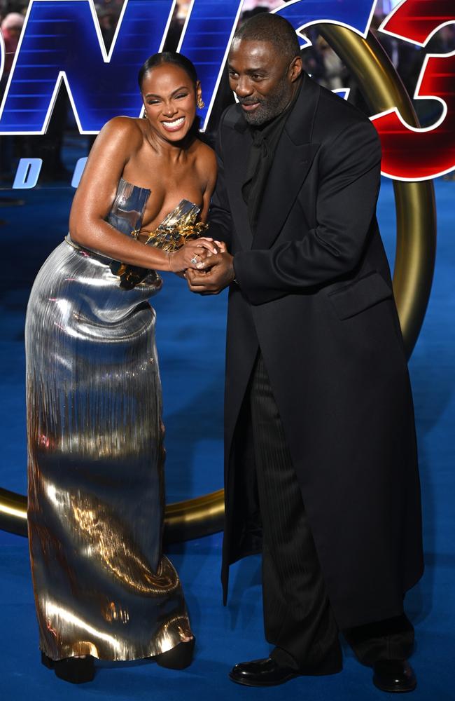 Tika Sumpter and Idris Elba share a joke on the red carpet at the Sonic The Hedgehog 3 UK Premiere in London. Picture: Stuart C. Wilson/Getty Images