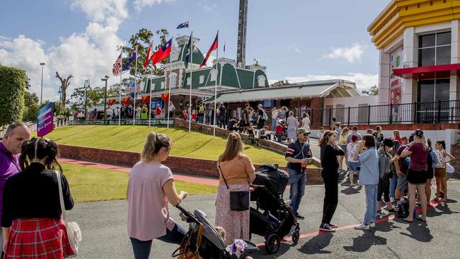 Dreamworld reopens for the first time since March 23 after being closed due to COVID-19, coronavirus. People lining up before the gates open. Picture: Jerad Williams