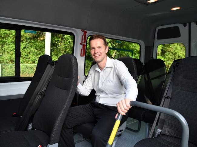 Journalist Steven Deare aboard the Keoride bus. Picture: Joel Carrett