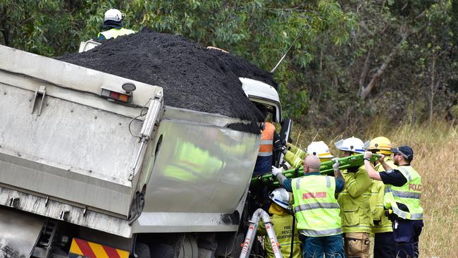 Photos from the scene of an accident involving two trucks and a utility vehicle at Yuruga on the Bruce Highway between Townsville and Ingham. Two men were badly injured. Picture: Cameron Bates