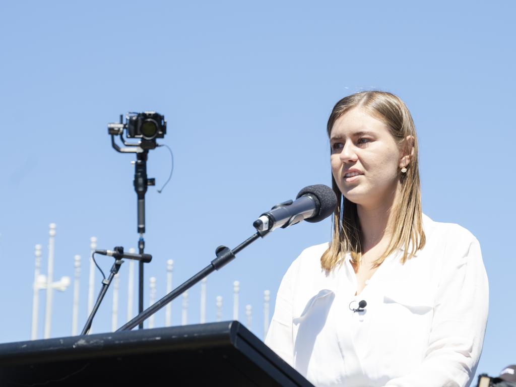 Brittany Higgins addressing the crowd at Canberra’s March 4 Justice on Monday. Picture: Jamila Toderas/Getty Images