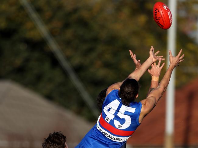 Tristan Tweedie of Footscray flies for a mark during the VFL match between Footscray and Geelong played at Whitten Oval in Footscray on Saturday 20th May, 2017. Picture: Mark Dadswell