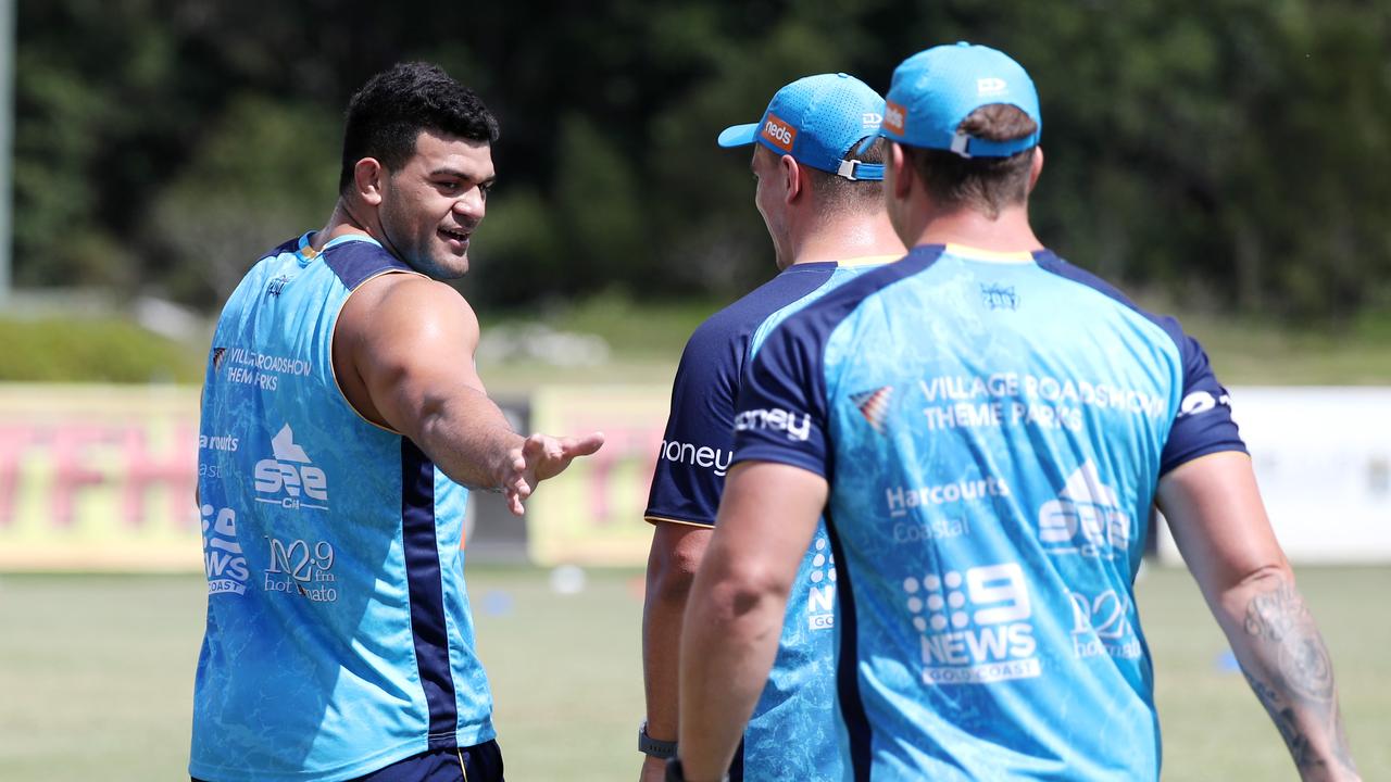 David Fifita speaks to teammates at training. Picture: Nigel Hallett