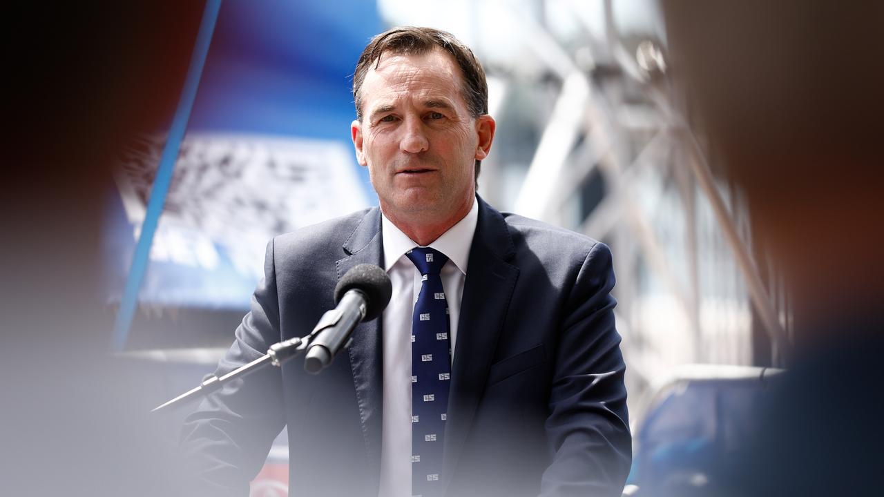 SYDNEY, AUSTRALIA – MARCH 06: Andrew Dillon, Chief Executive Officer of the AFL speaks with media during the Sydney Opening Round Media Opportunity at Circular Quay on March 06, 2024 in Sydney, Australia. (Photo by Michael Willson/AFL Photos via Getty Images)