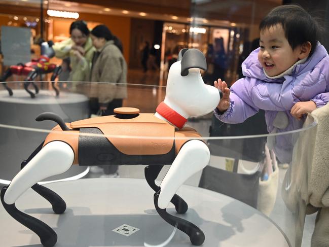 This picture taken on January 9, 2025 shows a child interacting with an AI pet dog at a store of technology company Weilan in Nanjing, in China's eastern Jiangsu province. Weilan's AI dog, called "BabyAlpha", sells for up to 26,000 yuan, and the company says 70 percent of buyers are families with young children. (Photo by Rita QIAN / AFP) / To go with 'CHINA-AI-SOCIETY-TECHNOLOGY, FOCUS' by Mary Yang, with Emily Wang in Nanjing