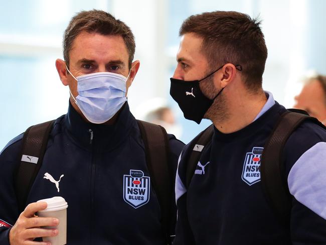 SYDNEY, AUSTRALIA - NewsWire Photos JUNE 07, 2021: Brad Fittler and JamesTedescoThe NSW Blues State of Origin  team is seen at the Qantas Domestic Departures terminal in Sydney Australia. Picture: NCA NewsWire / Gaye Gerard