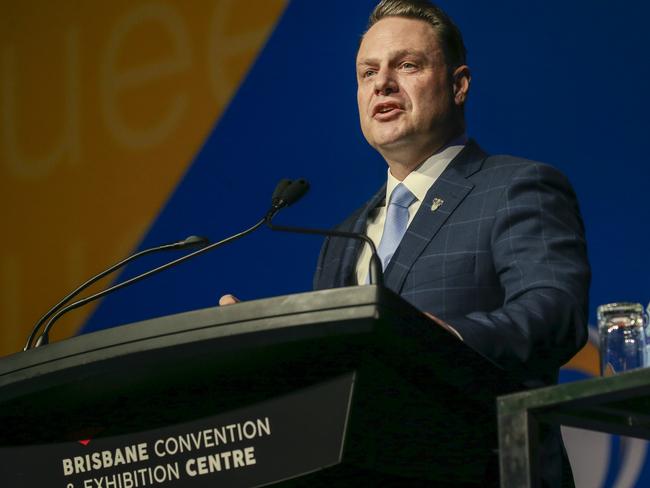 LNP Lord Mayor Adrian Schrinner addresses the convention. Picture: Glenn Campbell/NCA NewsWire