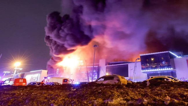 The burning Crocus City Hall concert hall in Moscow.