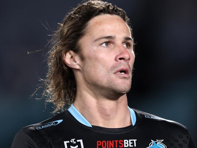 SYDNEY, AUSTRALIA - JUNE 28:  Nicho Hynes of the Sharks warms up before the round 17 NRL match between Canterbury Bulldogs and Cronulla Sharks at Accor Stadium on June 28, 2024, in Sydney, Australia. (Photo by Cameron Spencer/Getty Images)