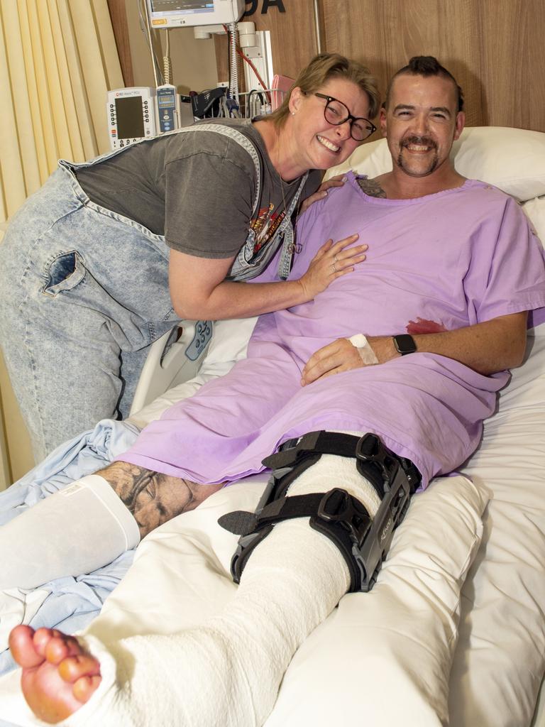 Gillian Price with her husband, Middlemount miner Todd Price, after a shark attack in the Whitsundays. Picture: Michaela Harlow