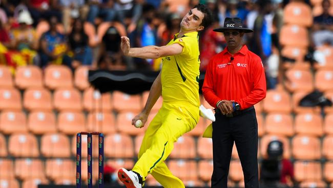 Australia's Patrick Cummins bowling in Sri Lanka. Picture: ISHARA S. KODIKARA / AFP