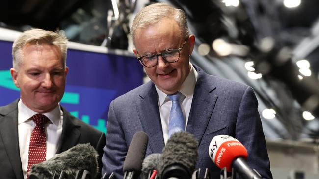 Labor leader Anthony Albanese refers to his notes during a press conference accompanied by Chris Bowen. Picture: Liam Kidston