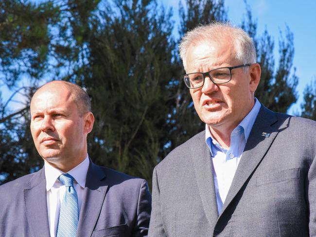 Treasurer Josh Frydenberg and Prime Minister Scott Morrison at Josef Chromy Wines near Launceston, 21/02/2022. Picture: Alex Treacy