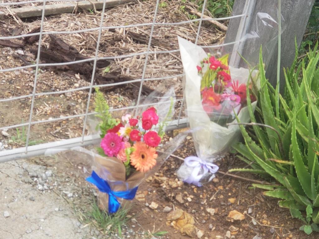 Flowers left outside Glenwood's Mooloo Produce &amp; Saddlery in memory of worker Adam Ross, who was killed in floodwaters.