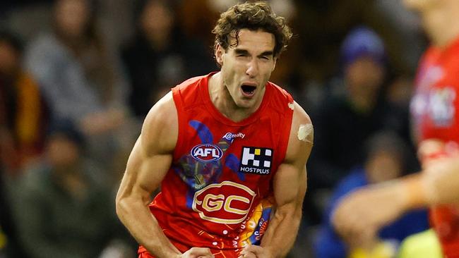 MELBOURNE, AUSTRALIA - JULY 01: Ben King of the Suns celebrates a goal during the 2021 AFL Round 16 match between the Gold Coast Suns and the Richmond Tigers at Marvel Stadium on July 01, 2021 in Melbourne, Australia. (Photo by Michael Willson/AFL Photos via Getty Images)