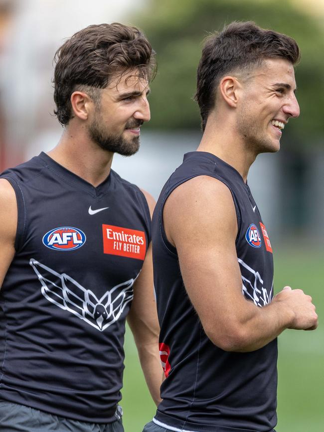 Nick Daicos and Josh Daicos. AFL Collingwood 1-4 yrs are back at training. They are training at Gosch's Paddock. Picture: Jason Edwards