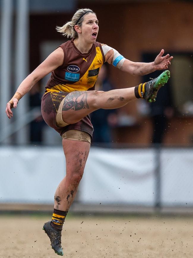 Kew forward Tara Donnan lays the boot into one earlier in the VAFA Women's Premier season. Picture: VAFA Media