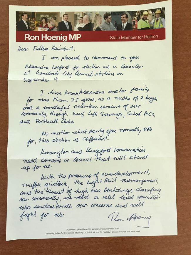 A letter sent by MP Ron Hoenig.