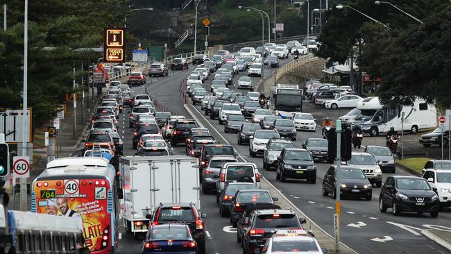 Traffic congestion on the Spit Bridge during the morning peak hour. Picture: Braden Fastier