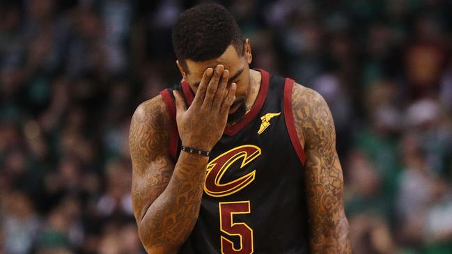 BOSTON, MA - MAY 27: JR Smith #5 of the Cleveland Cavaliers reacts in the first half against the Boston Celtics during Game Seven of the 2018 NBA Eastern Conference Finals at TD Garden on May 27, 2018 in Boston, Massachusetts. NOTE TO USER: User expressly acknowledges and agrees that, by downloading and or using this photograph, User is consenting to the terms and conditions of the Getty Images License Agreement.   Maddie Meyer/Getty Images/AFP == FOR NEWSPAPERS, INTERNET, TELCOS & TELEVISION USE ONLY ==