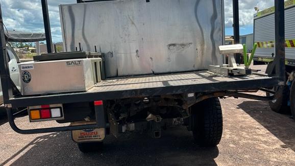 Damage to the Romanes' flatbed truck after being rear-ended on March 10, 2024 at Palmerston. Picture: Supplied